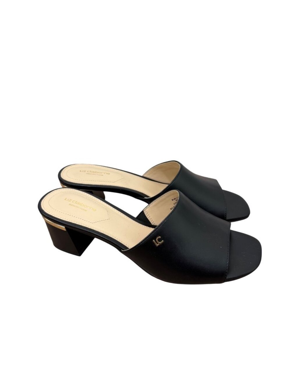 Liz Claiborne Black Open-Toe Block Heel Slides 8.5M Synthetic Upper Gold Accent